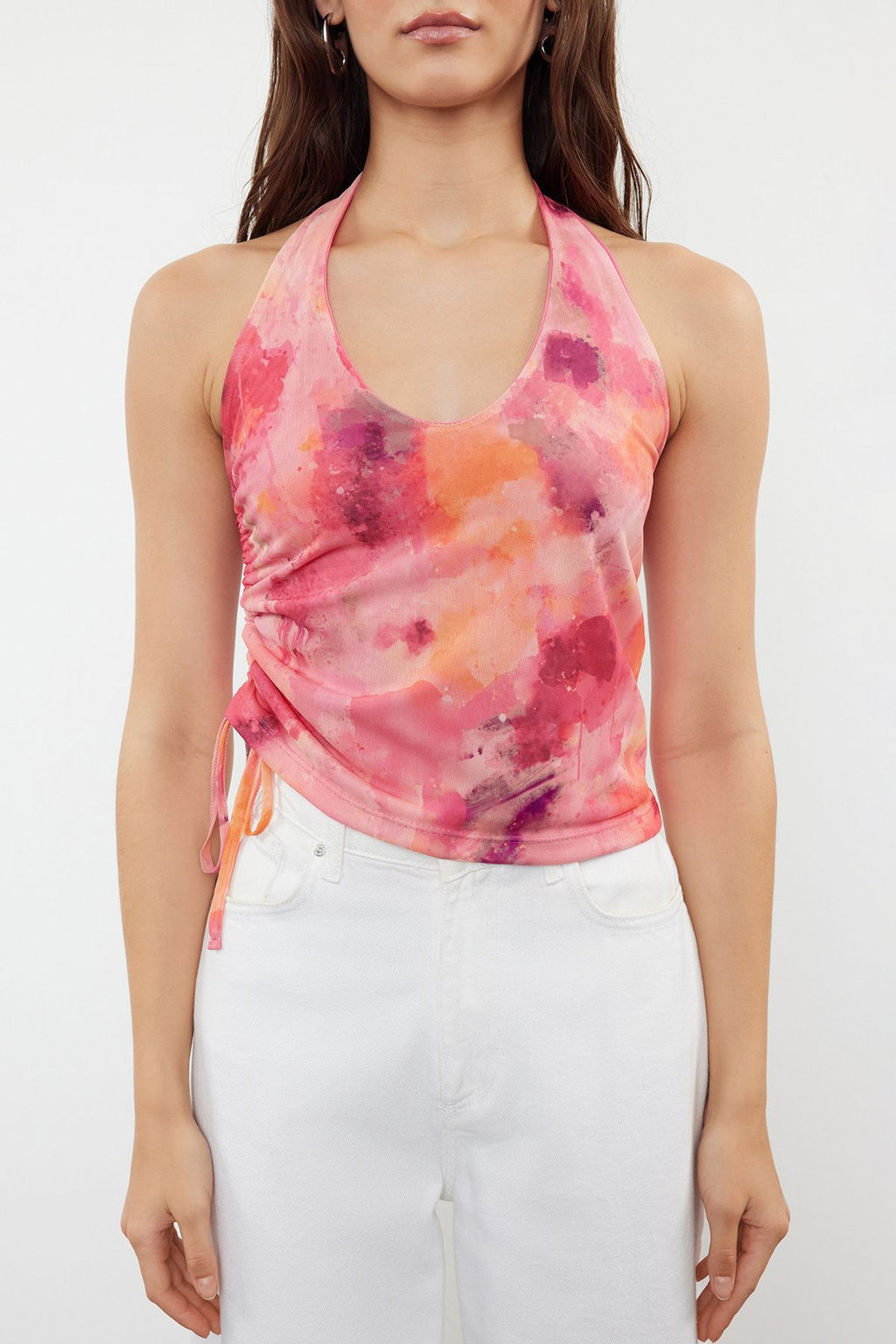 Pembe Soyut Desenli Boyundan Baglamal? Buzgu/Drape Detayl? Vucuda Oturan Orme Bluz TWOSS24BZ00630