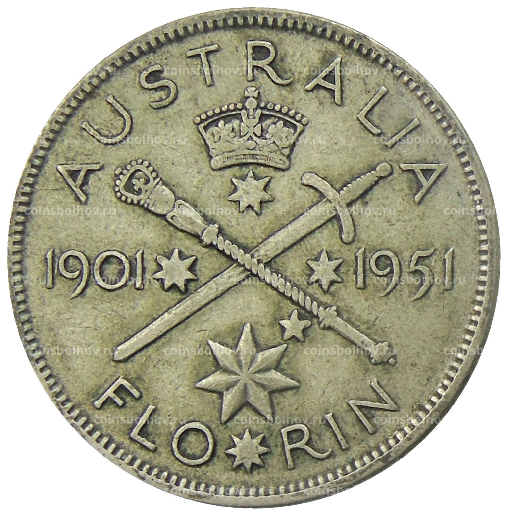 1 флорин (2 шиллинга) 1951 года Австралия  50 лет Федерации