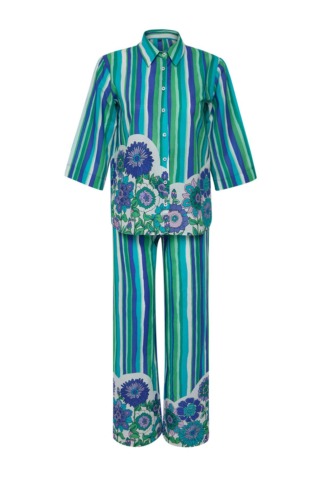 Cizgili Dokuma %100 Pamuk Plaj Gomlek-Pantolon Tak?m TBESS25AU00004 - Trendyolmilla фото 6