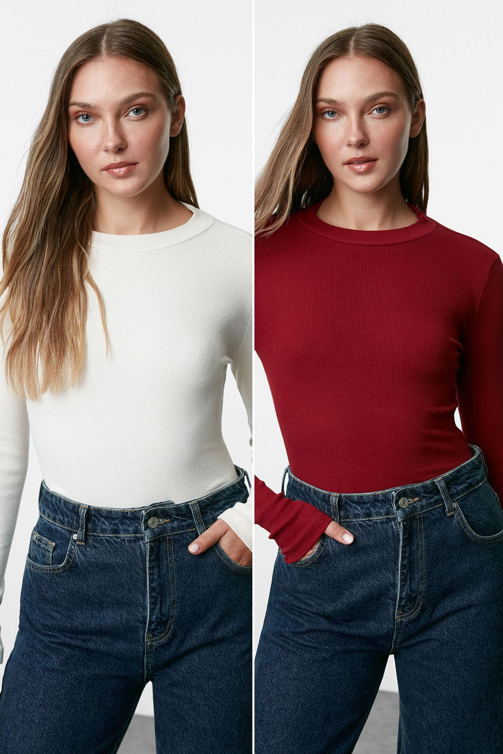 Trendyolmilla Siyah-Beyaz 2li Paket Slim C?tc?tl? Dik Yaka Fitilli Esnek Orme Body TWOAW23BD00030