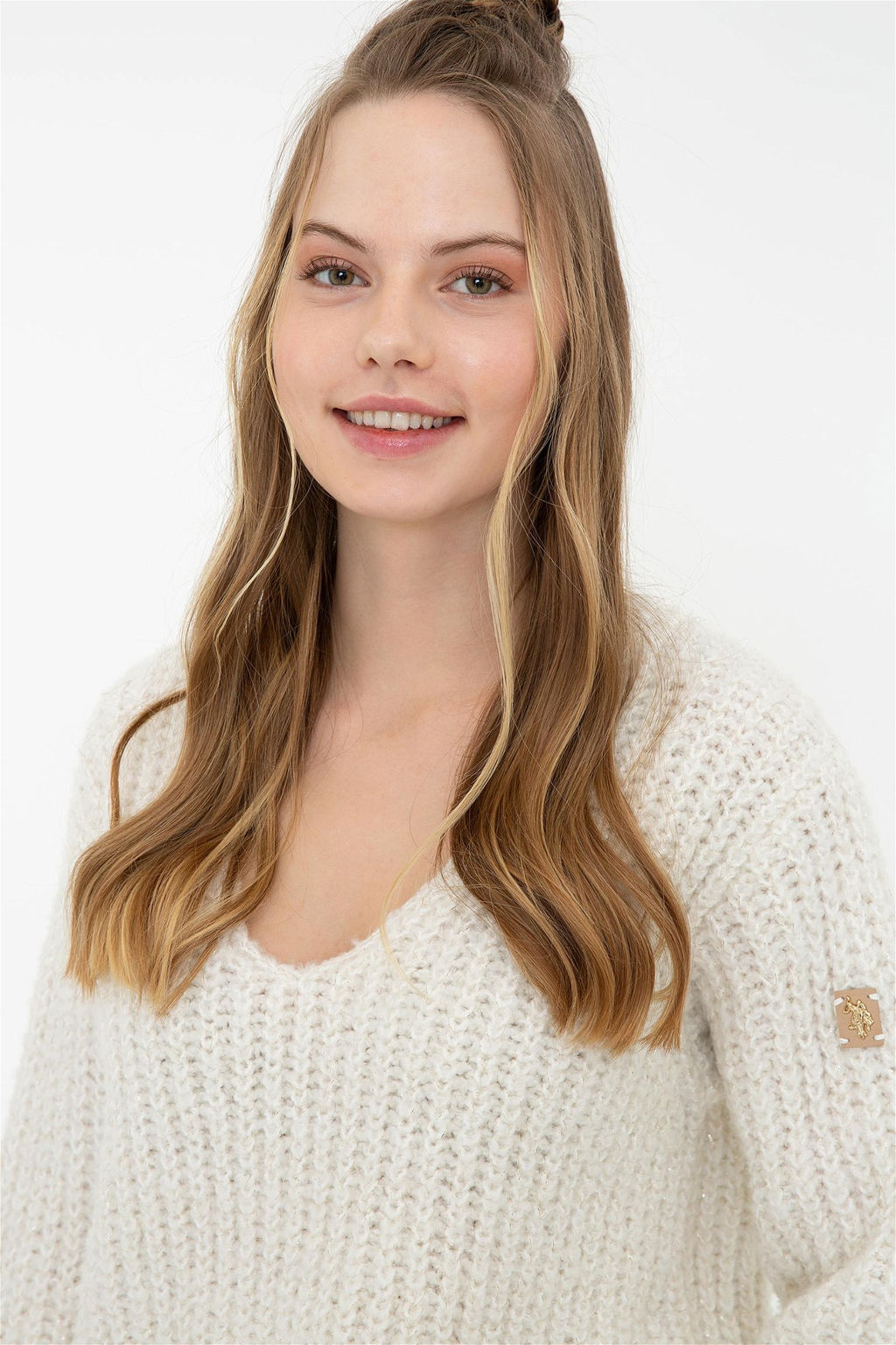 Женский кремовый свитер с v-образным вырезом Неожиданная скидка в корзине - U.s. polo assn фото 2