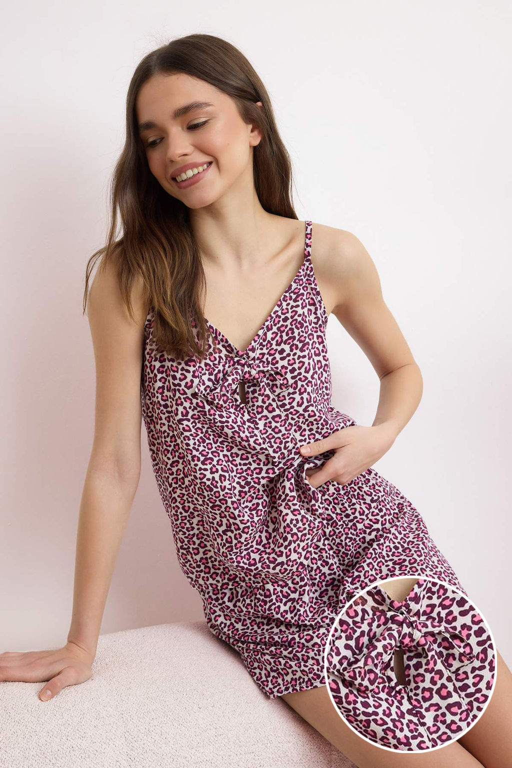 Pembe More Sustainable Leopar Desenli Viskon Dokuma Pijama Tak?m? THMSS26PT00163
