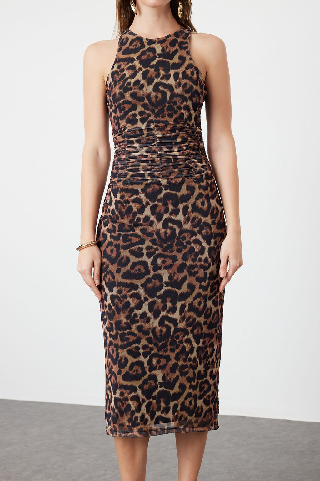 TRENDYOLMILLA Kahverengi Cok Renkli Hayvan Desenli Leopar Orme Tul S?k Abiye Elbise TPRSS24EL00202 фото 4