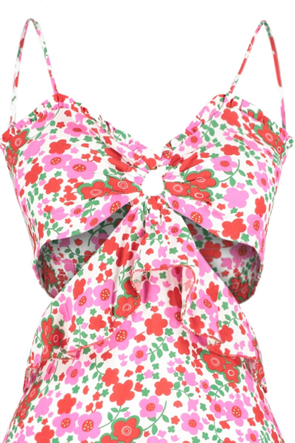 TRENDYOLMILLA Cicek Desenli Mini Dokuma Cut Out/Pencere Plaj Elbisesi TBESS21EL1054