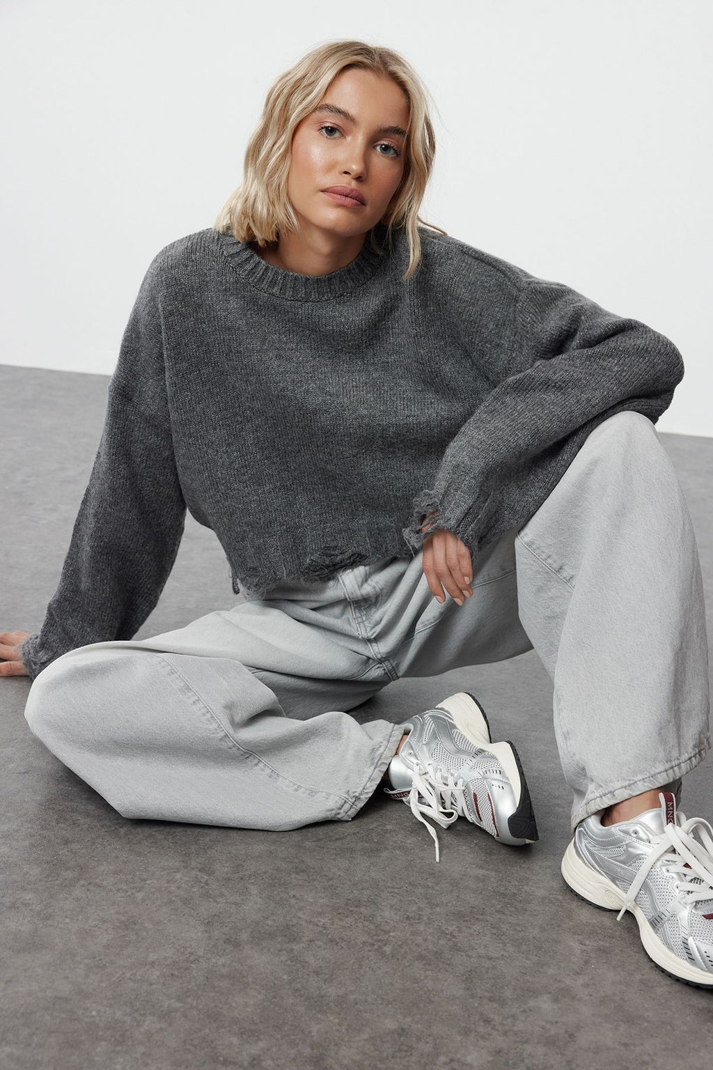 Antrasit Crop Super Genis Kal?p Yumusak Dokulu Ak?tma Detayl? Triko Kazak TWOAW24KZ00319