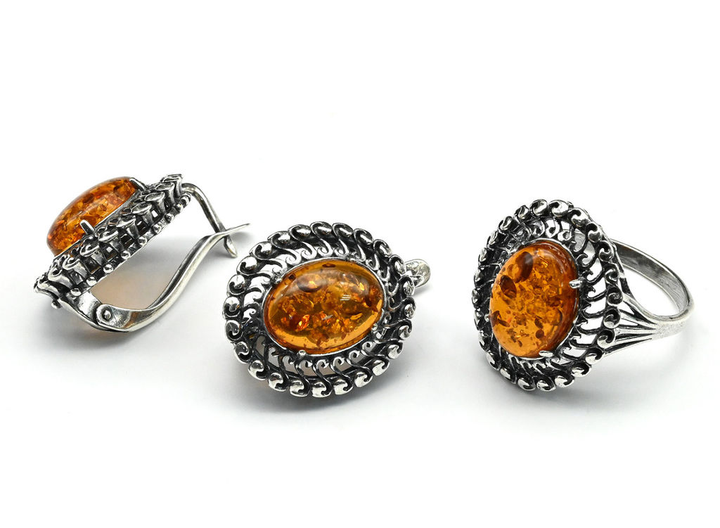 Кольцо Серьги с янтарем имитация размер 19