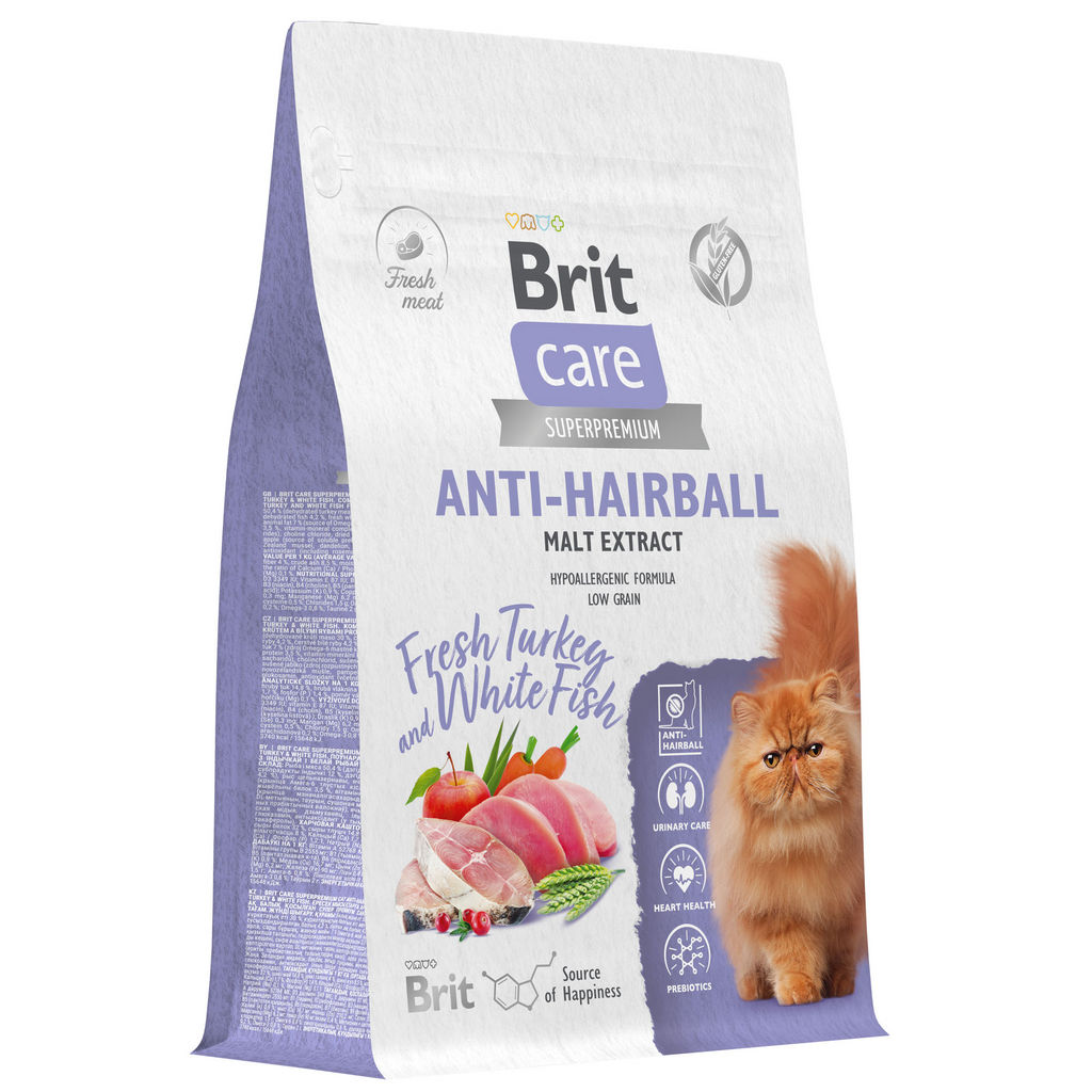 BRIT CARE, Сухой корм с белой рыбой и индейкой для взр.кошек "Cat Anti-Hairball ", 7 кг, 5066278