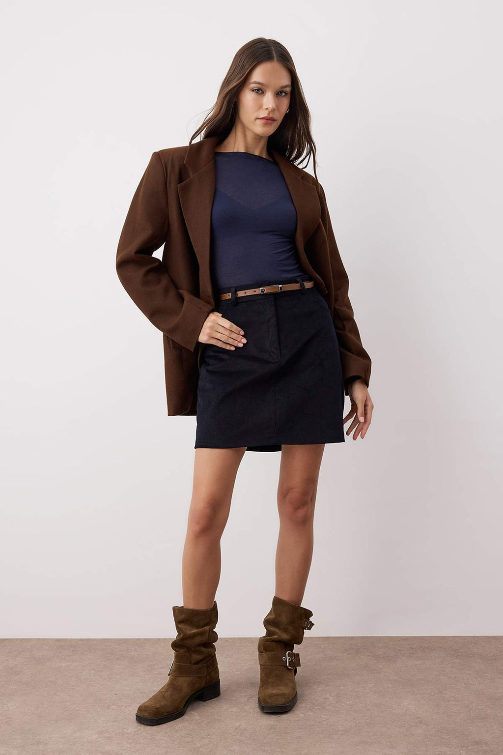 Lacivert Kemerli A-Line/Can Dokuma Fitilli Kadife Mini Etek TWOAW26ET00109