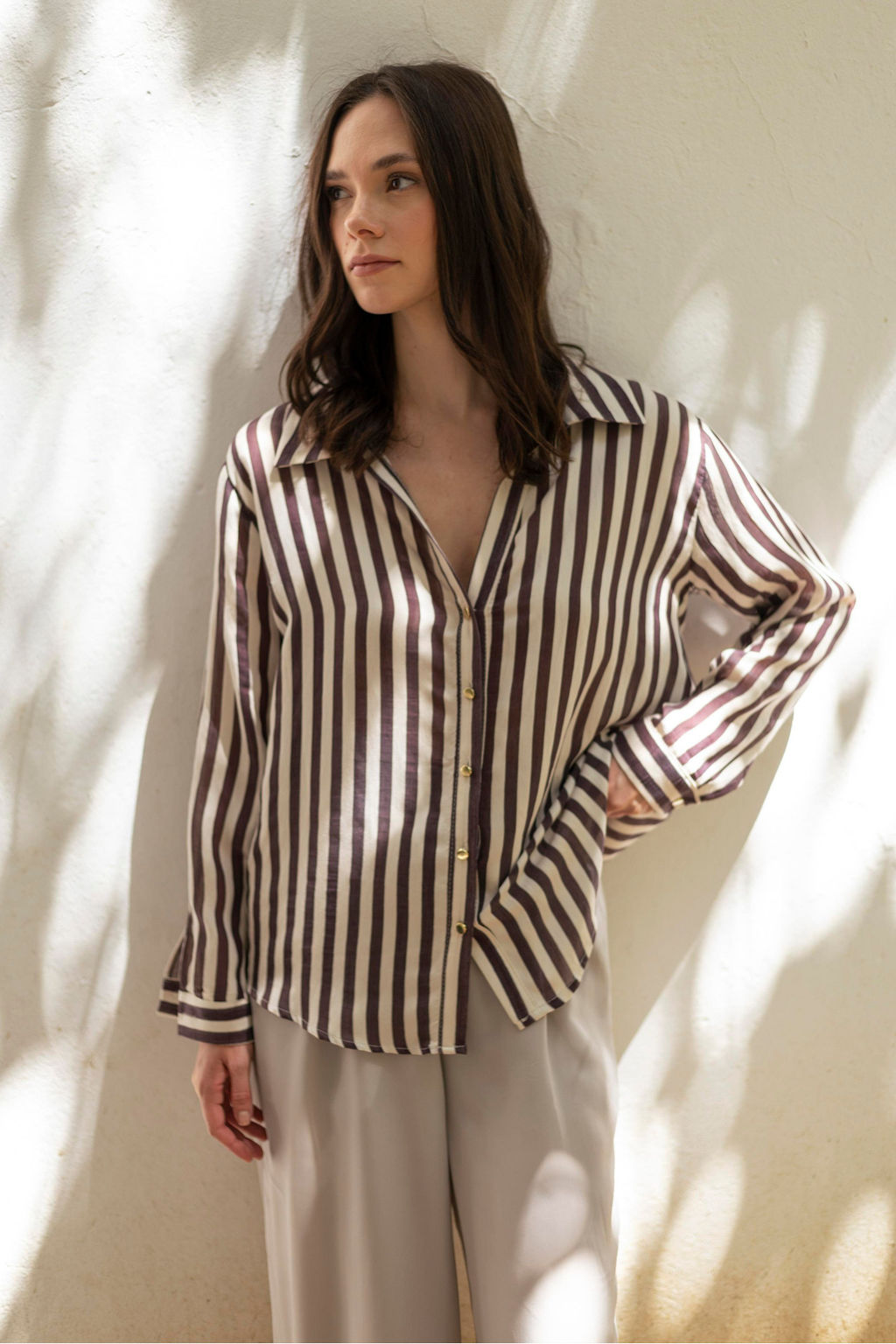 Bej Cizgili Gomlek TWOSS25GO00172 - Trendyolmilla фото 9