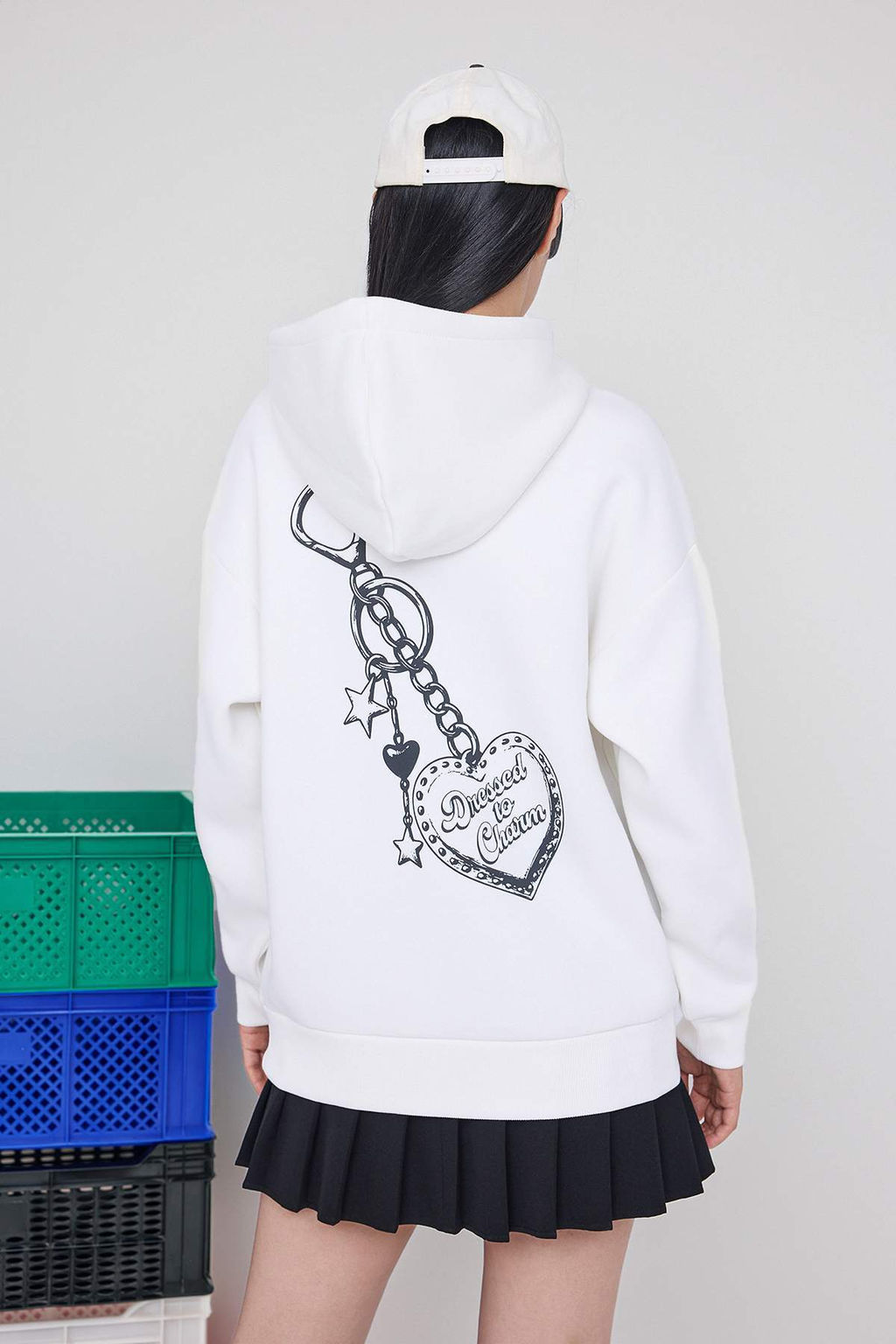 Teen Ekru S?rt Bask?l? Oversize/Genis Kal?p Kapusonlu Ici Polarl? Orme Sweatshirt TWOAW26SW00079