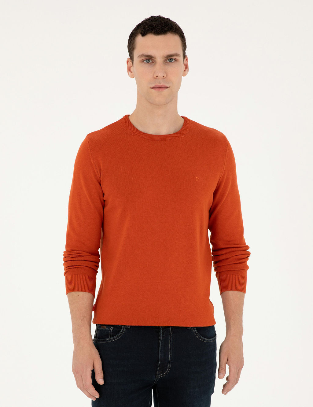 Turuncu Slim Fit Bisiklet Yaka Basic Triko Kazak