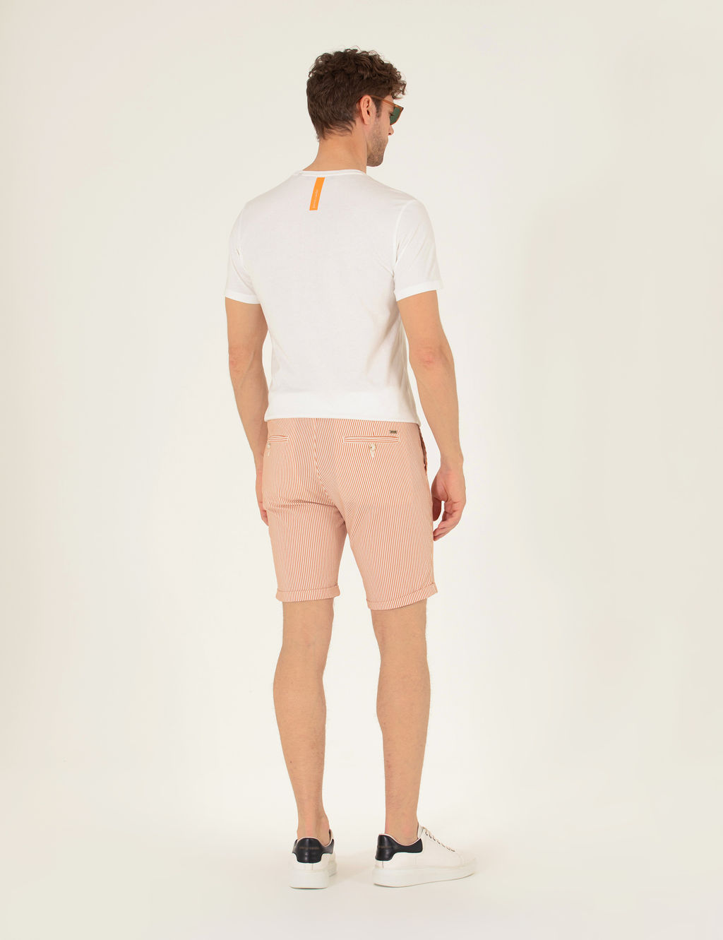 Turuncu Slim Fit Beli Lastikli _izgili Ba_c_kl_ Bermuda _ort