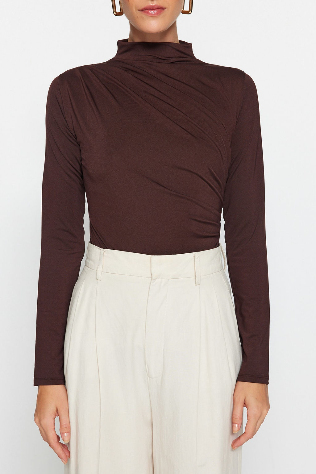 Kahverengi Buzgu Detayl? Dik Yaka C?tc?tl? Esnek Orme Body TWOAW24BD00014