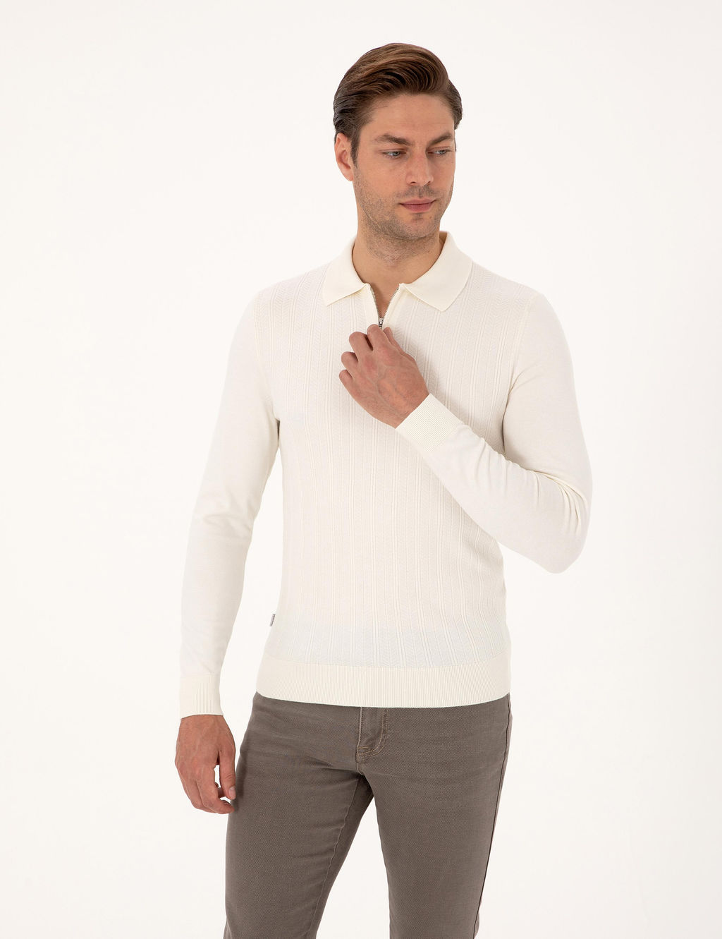 Ekru Regular Fit Polo Yaka Fermuarl_ Triko Kazak - Pierre cardin фото 3