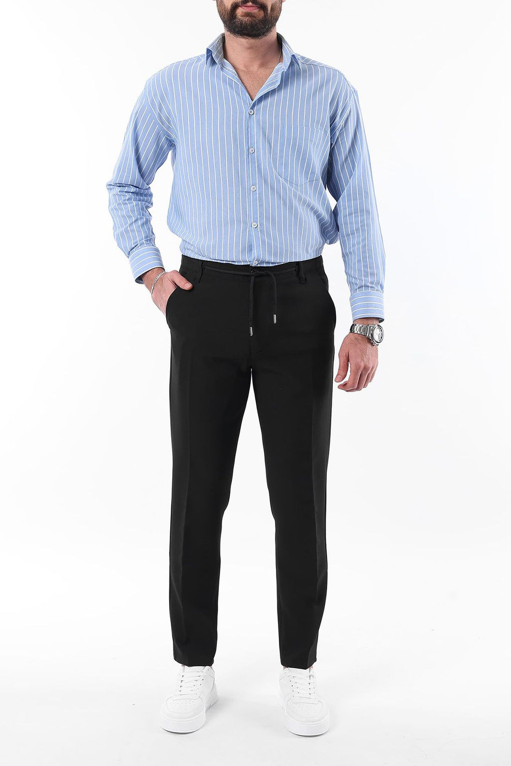 Siyah Slim Fit Beli Baglama Detayl? Lastikli Kumas Dokuma Pantolon TMNAW25PL00027