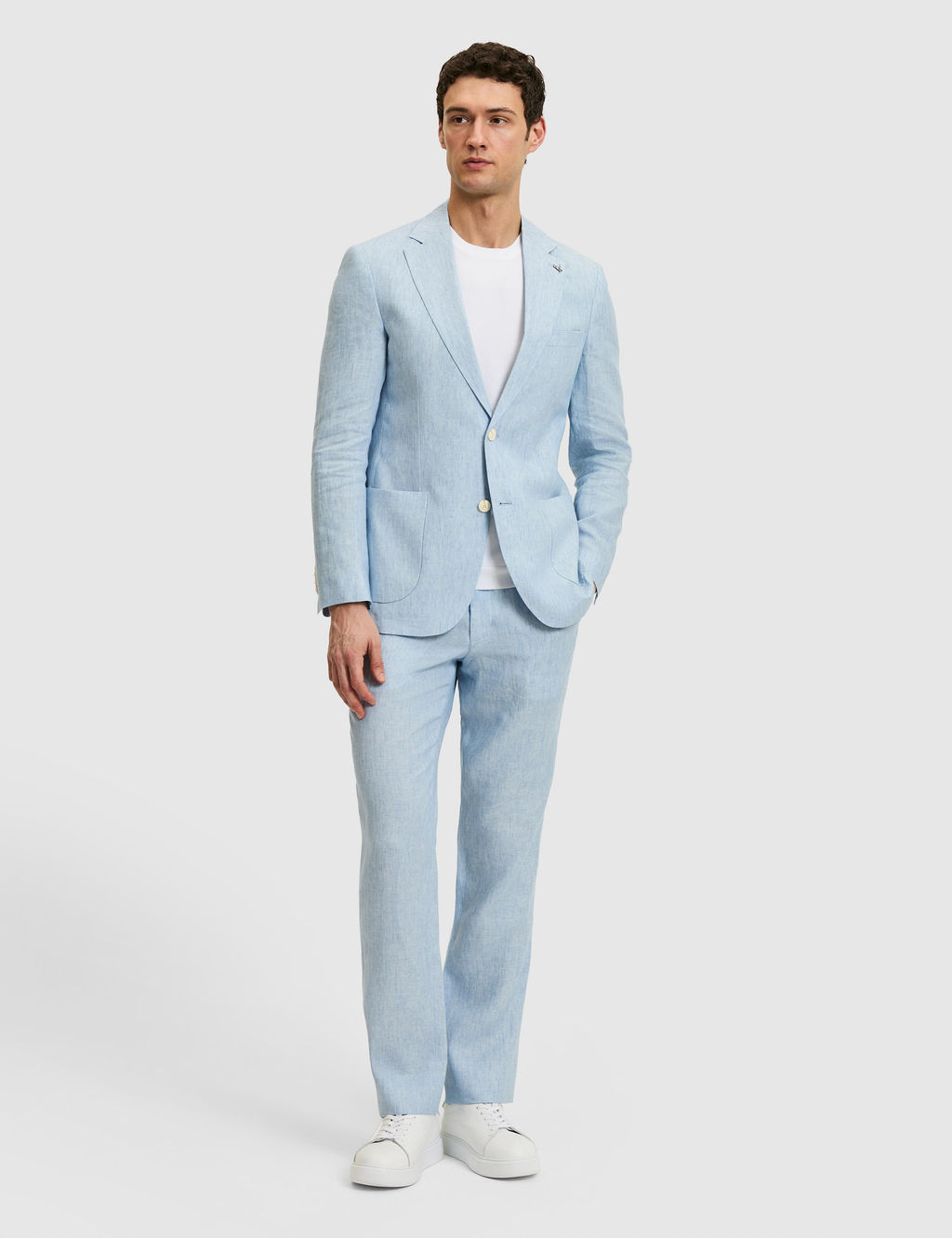 A__k Mavi Slim Fit %100 Keten Mikro Desen Mono Yaka Ceket