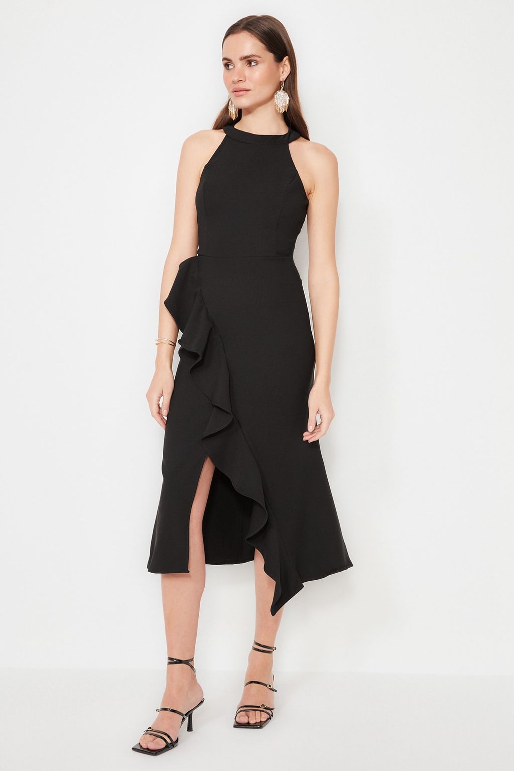 TRENDYOLMILLA Siyah Astarl? Volanl? Dokuma S?k Abiye Elbise TPRAW19BB0144 фото 10