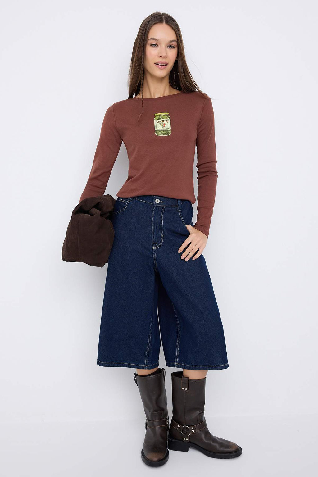 Teen Kahverengi Bask?l? Fitted/Vucuda Oturan Orme Bluz TWOAW25BZ00126