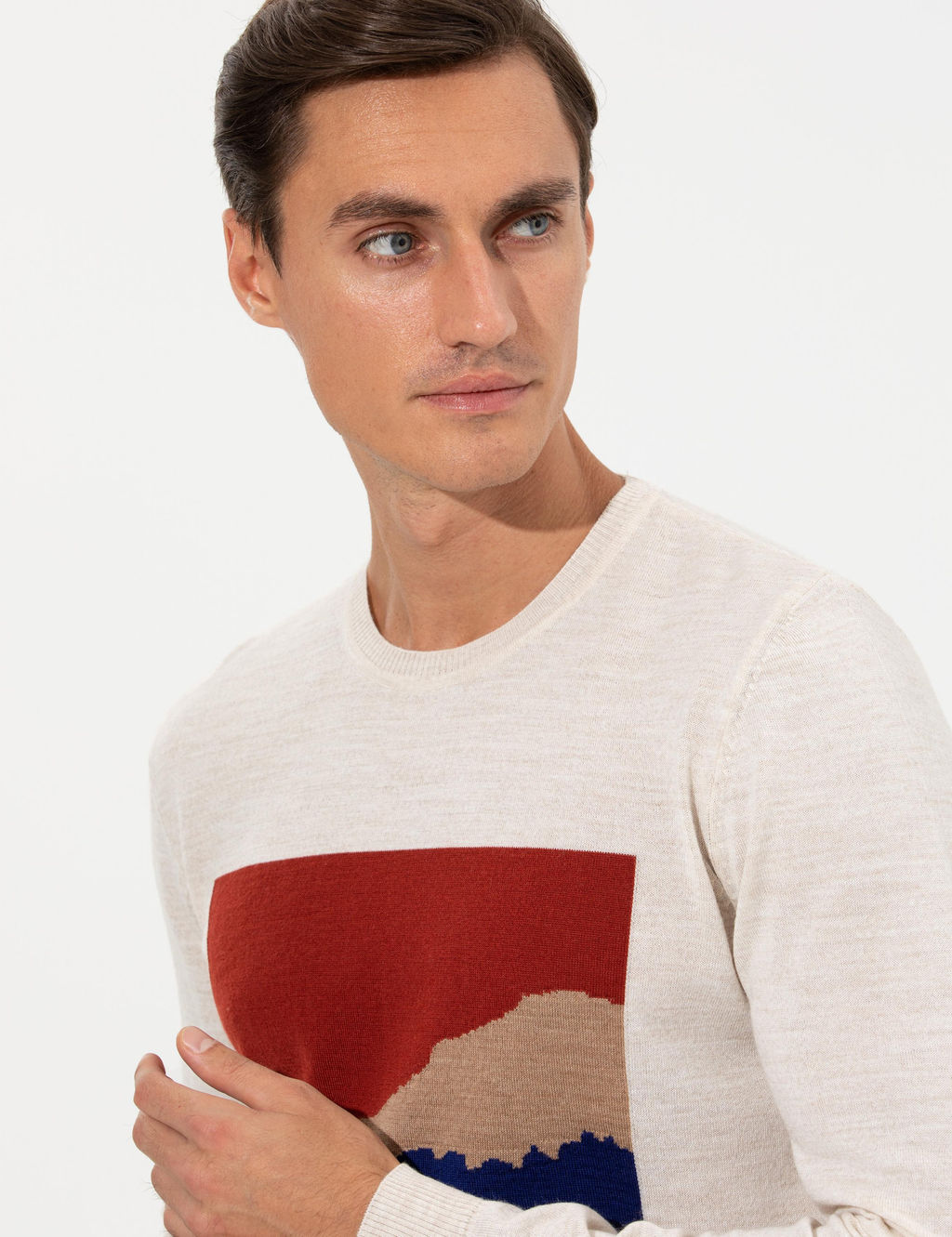 Ekru Slim Fit Bisiklet Yaka Triko Kazak