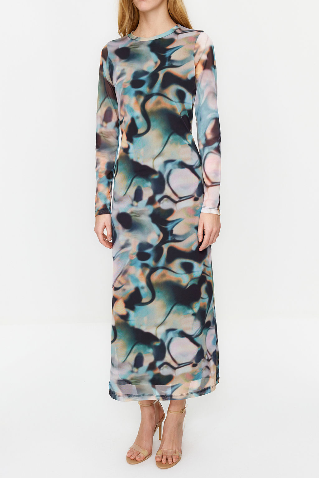 Mavi S?rt Dekolteli Uzun Kol Bask?l? Tul Esnek Orme Kalem Elbise TWOSS24EL00115 - Trendyolmilla фото 6