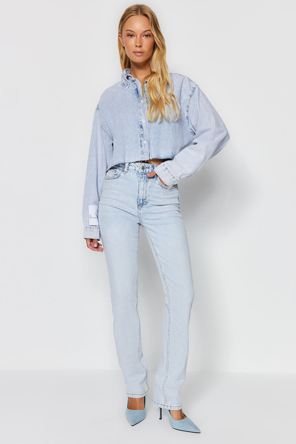 TRENDYOLMILLA Ac?k Mavi More Sustainable Yuksek Bel Flare Jeans TWOAW23JE00657  фото 8