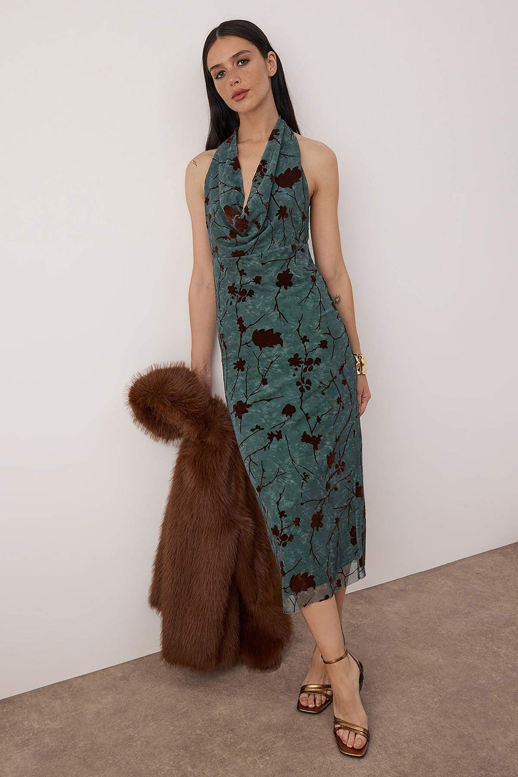 Zumrut Yesili Cicekli Tul Orme Astarl? Midi S?k Elbise TPRAW26EL00140 - Trendyolmilla фото 3