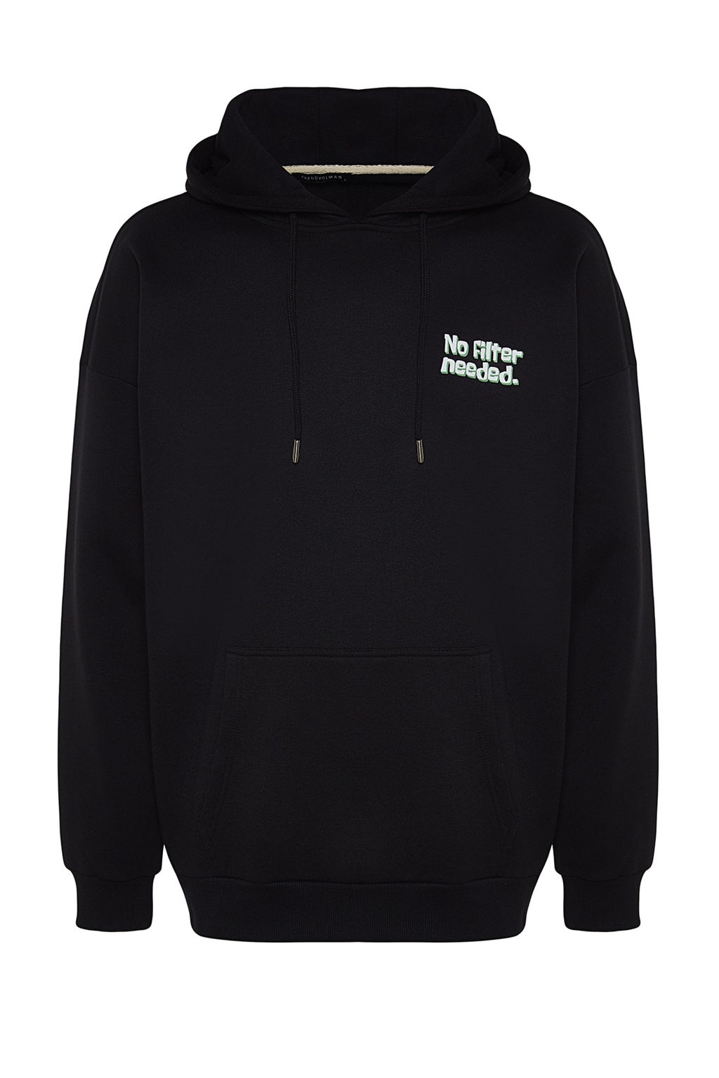 Siyah Oversize/Genis Kesim Kapusonlu Uzay Bask?l? Ici Polar/S?cak Tutan Sweatshirt TMNAW24SW00095