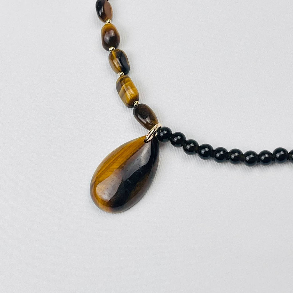 Колье из Тигрового глаза и золотистого Обсидиана 42 см +