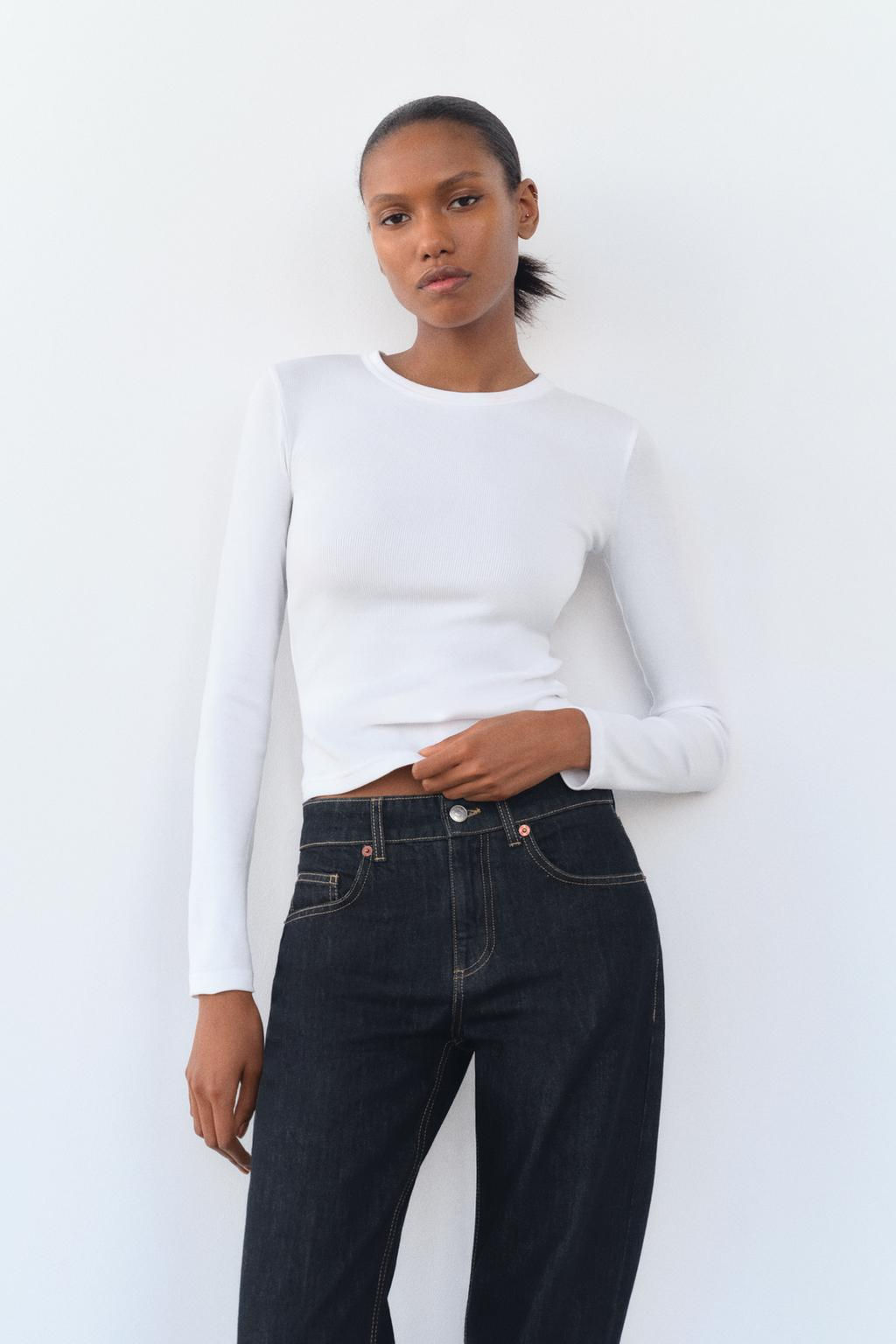 LONG SLEEVE WASHED EFFECT RIBBED T-SHIRT - Zara фото 2