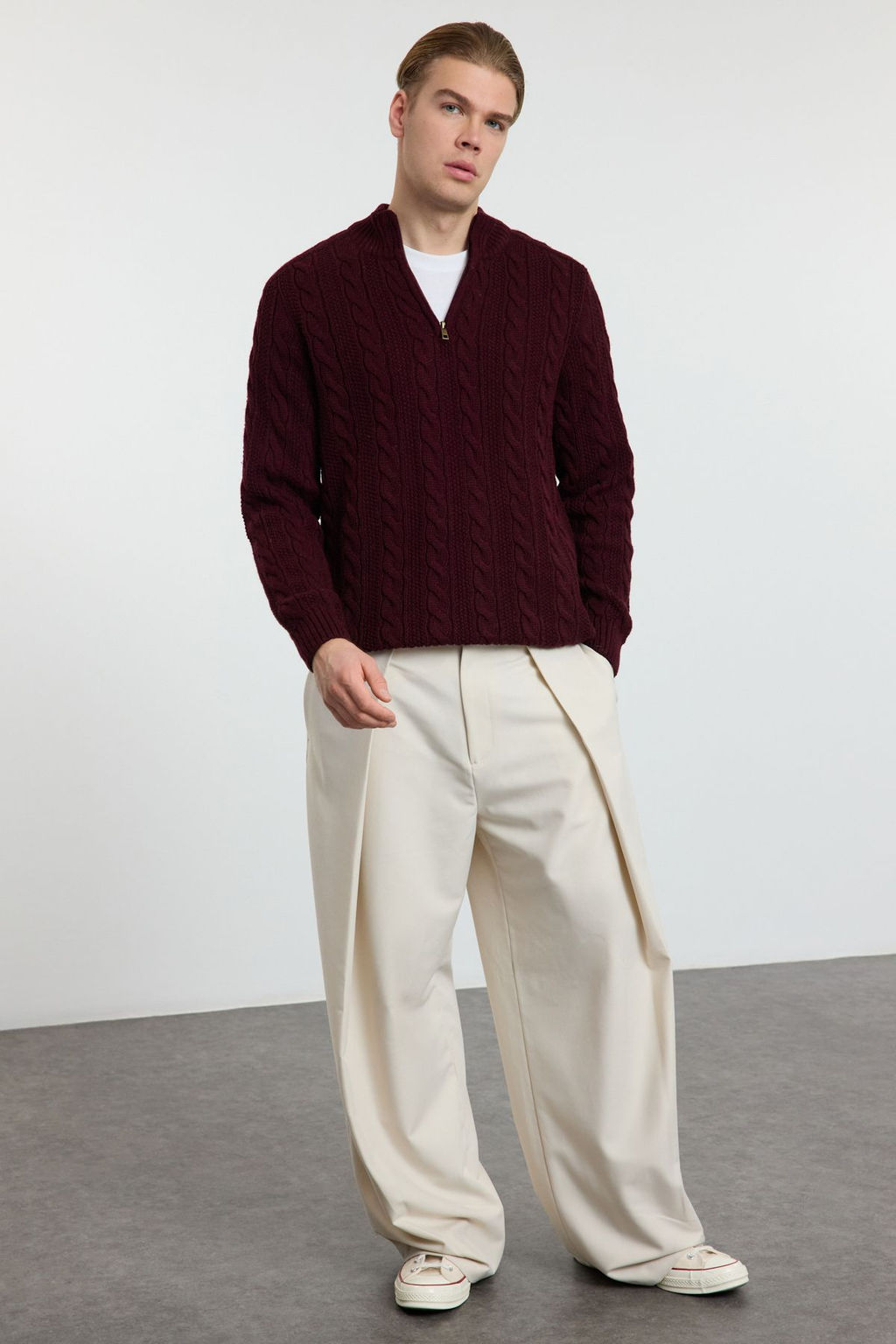 TRENDYOL MAN Bordo Unisex Regular Fit Fermuarl? Yar?m Bal?kc? Sac Orgu Triko Kazak TMNAW21KZ0737 - Trendyolmilla фото 13