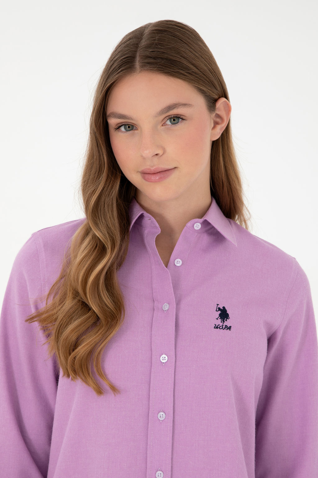 Рубашка женская U.S. Polo Assn из хлопка сиреневая фото 9