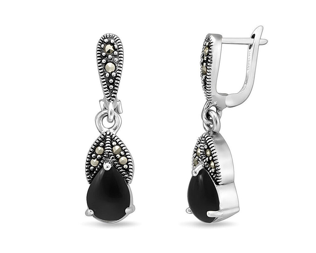 Серьги, марказит , оникс, SL-AGA223