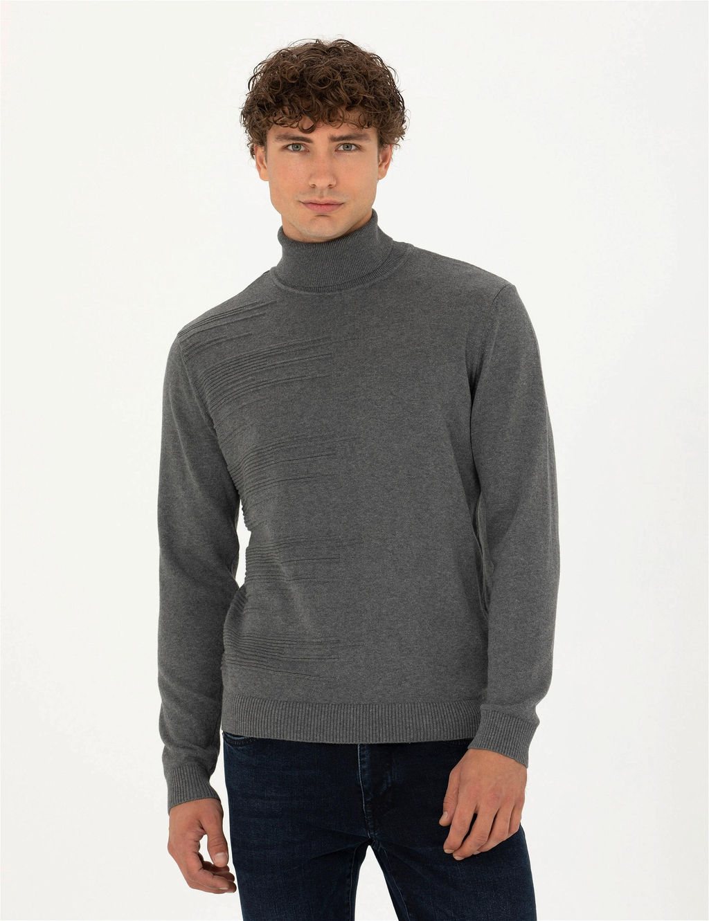 Gri Melanj Slim Fit Bal_k__ Yaka Triko Kazak - Pierre cardin фото 3