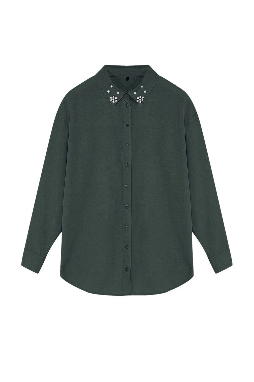 Koyu Yesil Yakas? Tas Detayl? Oversize Dokuma Gomlek TWOAW24GO00168