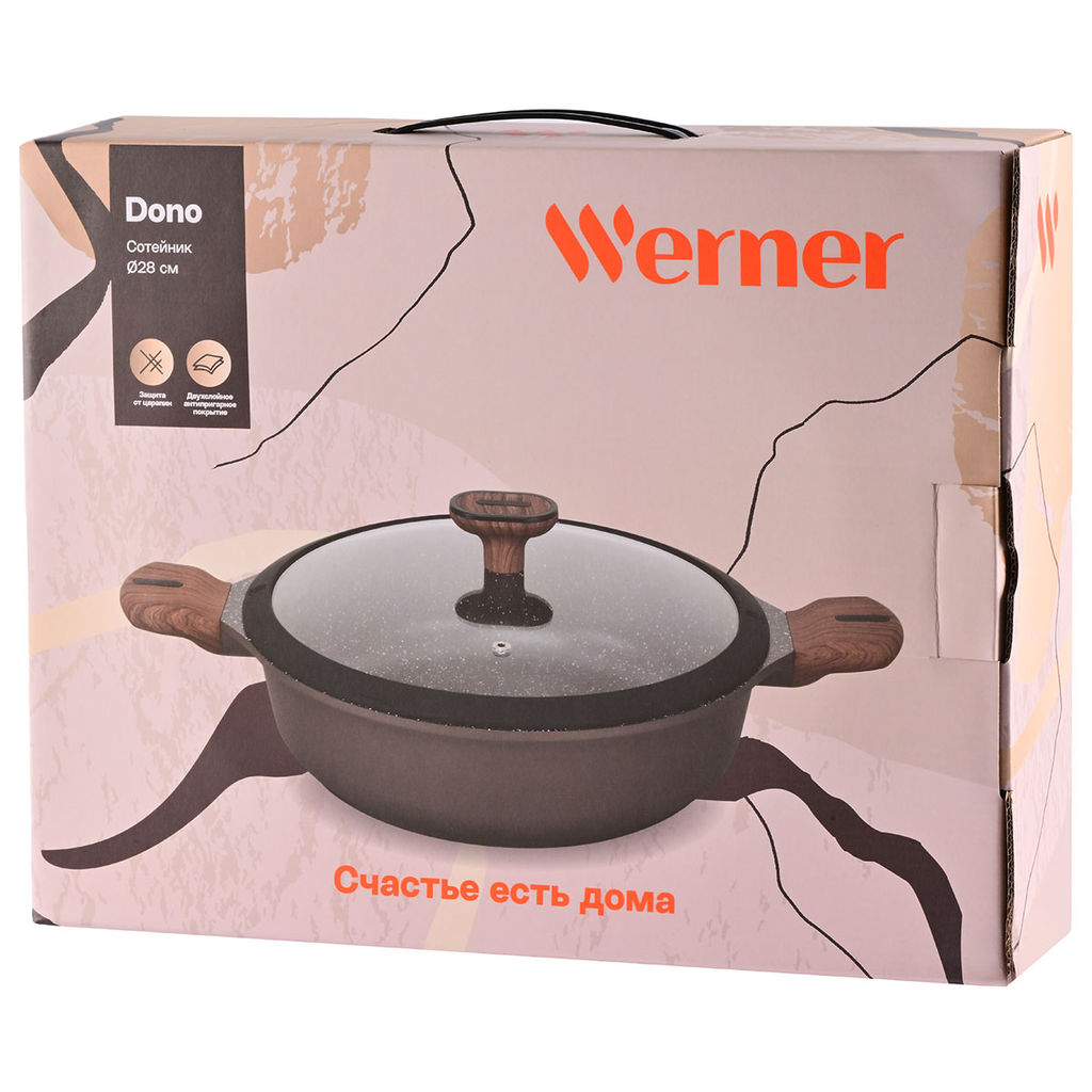 51482 WERNER Сотейник DONO 24,0x7,5 см/2,8 л с индукционным дном, с двухслойным мраморным антипригарным покрытием Pfluon, бакелитовая ручка с покрытием Soft Touch, крышка с силиконовым ободом. Материа  фото 6
