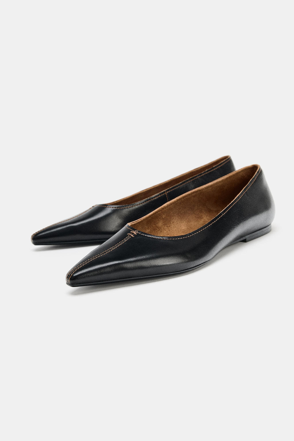 LEATHER BALLET FLATS WITH TOPSTITCHING - Zara фото 5