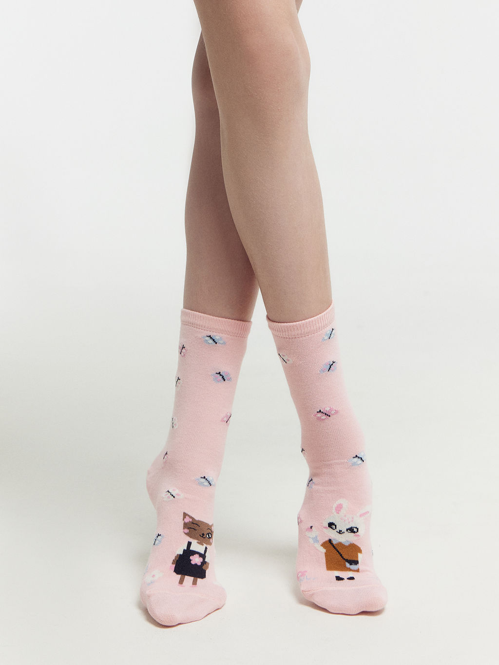Цена за 5 пар! Носки детские розовые с рисунком в виде зайчика и котика