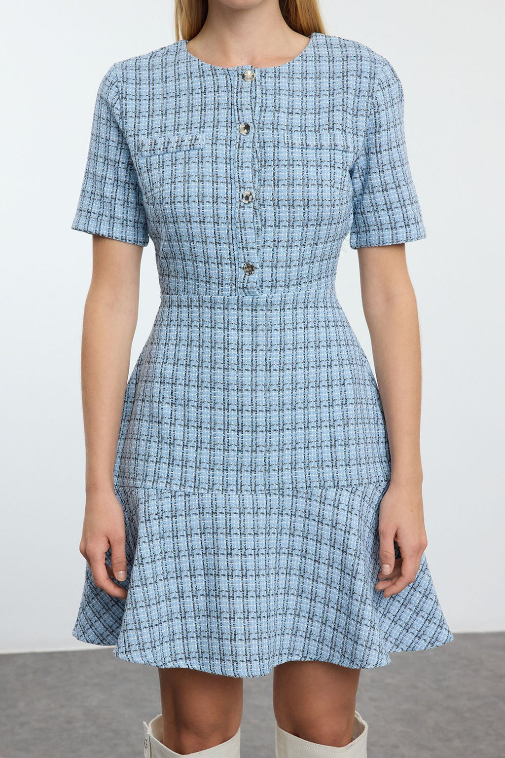 Indigo Etegi Belden Ac?lan Bisiklet Yaka Mini Tuvit Dokuma Elbise TWOAW25EL00280