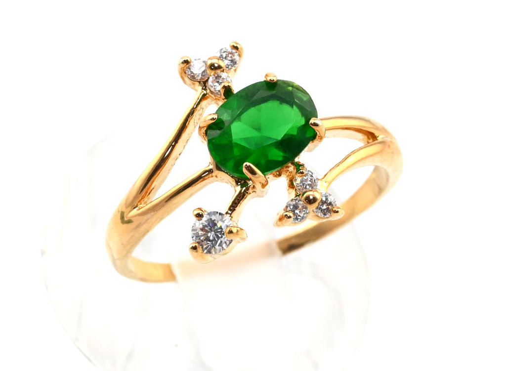 Кольцо позолота "Веточка" с цирконом зелёным, размер 16