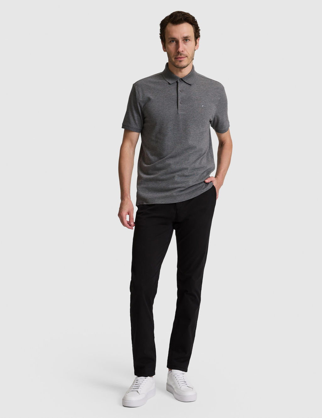 Koyu Gri Slim Fit Pamuk Kar___ml_ D__meli Polo Yaka Basic T-shirt