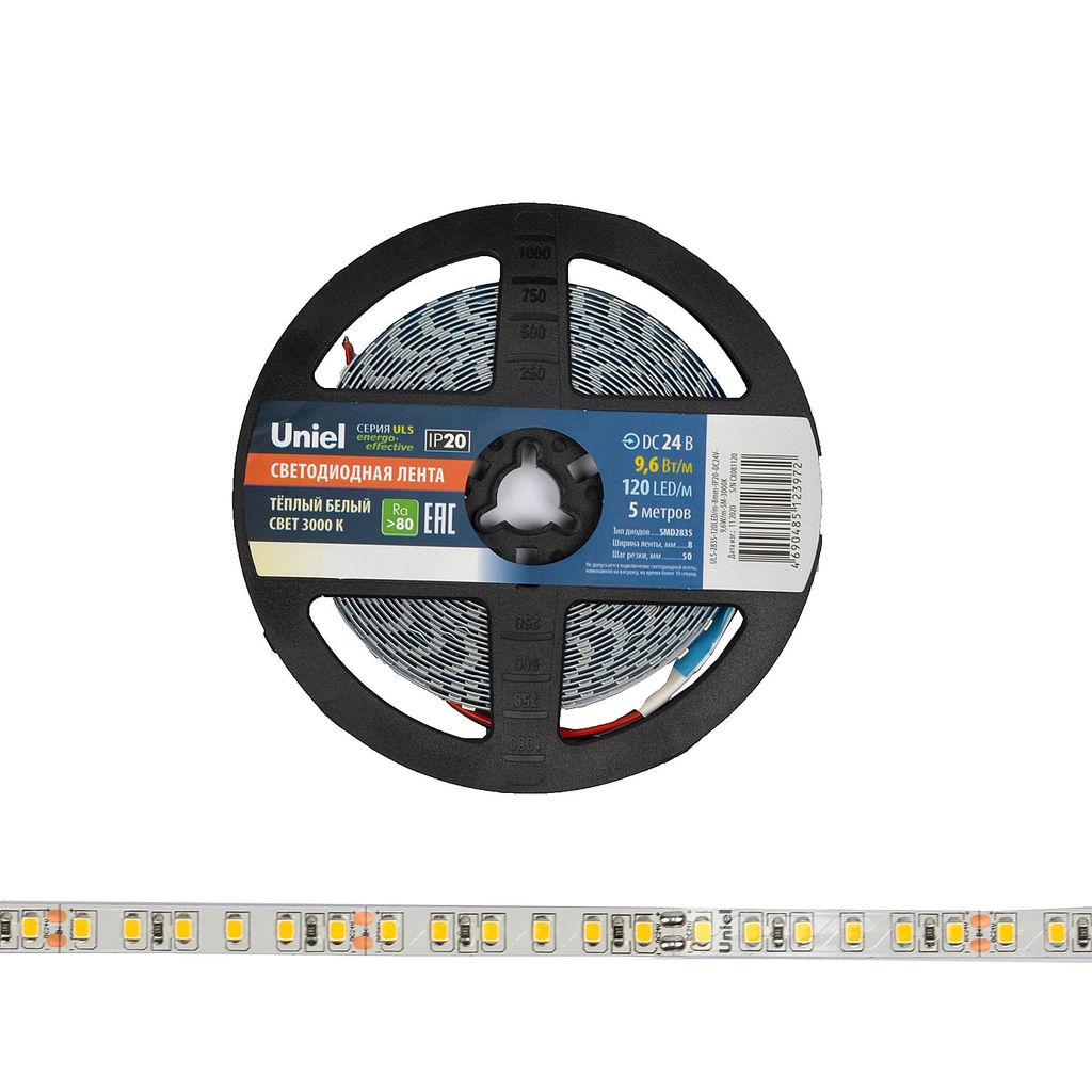 ULS-2835-120LED/m-8mm-IP20-DC24V-9,6W/m-5M-3000K Гибкая светодиодная лента на самоклеящейся основе. Катушка 5 м. в герметичной упаковке. Белый свет (3000K). ТМ Uniel.