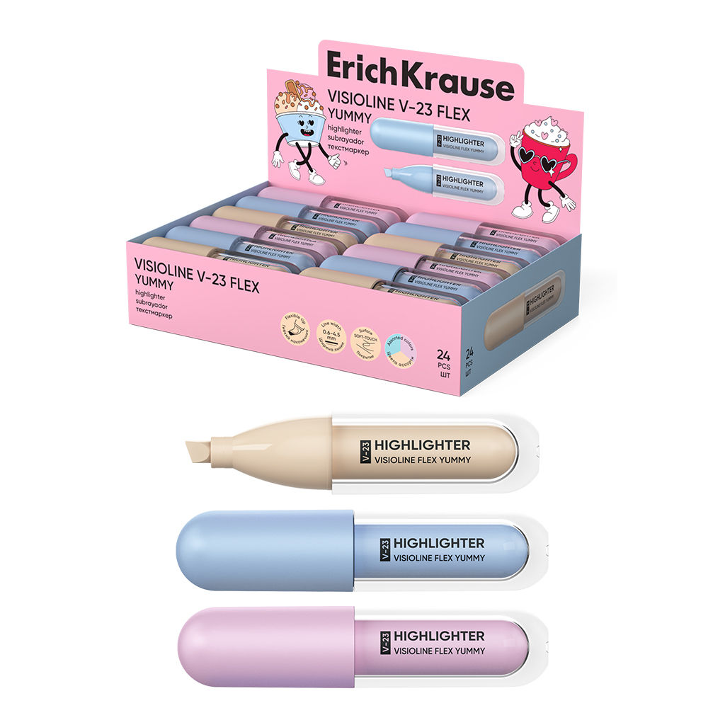 Цена за 24 шт. Текстмаркер ErichKrause Visioline V-23 Flex Yummy, с гибким наконечником, цвет чернил ассорти (в коробке-дисплее по 24 шт.)