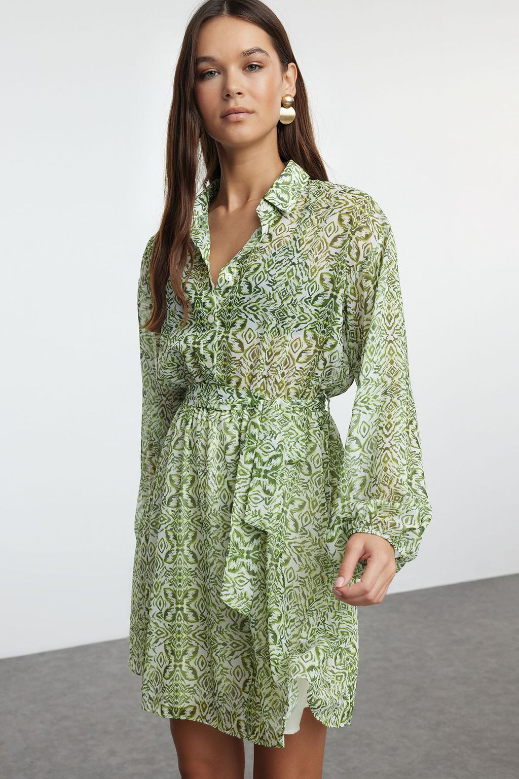 Yesil Belden Ac?lan Mini Astarl? Sifon Dokuma Elbise TWOAW24EL00841