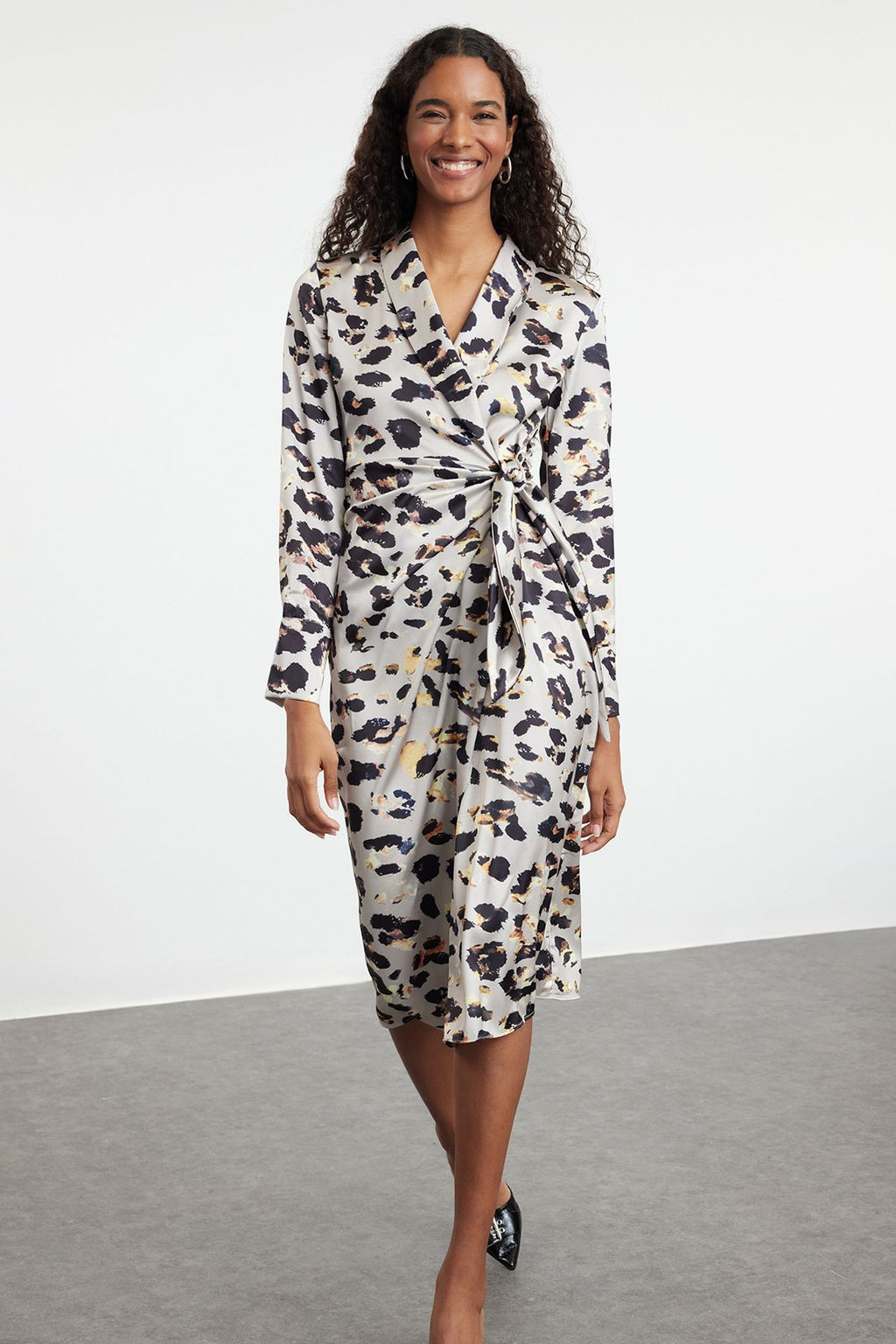 Bej Leopar Desenli Anvelop Midi Baglama Detayl? Dokuma Elbise TWOAW24EL00688