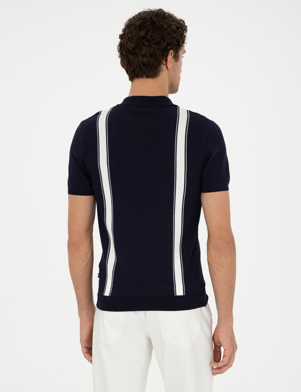 Темно-синяя трикотажная футболка узкого кроя с воротником-поло - Cacharel фото 5