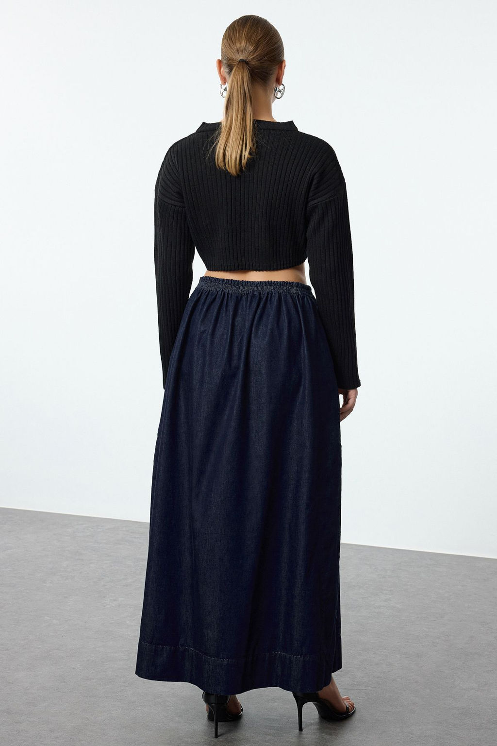 Lacivert Y?rtmacl? Beli Lastikli Yuksek Bel Maxi Denim Balon Etek TWOAW25ET00100 - Trendyolmilla фото 5