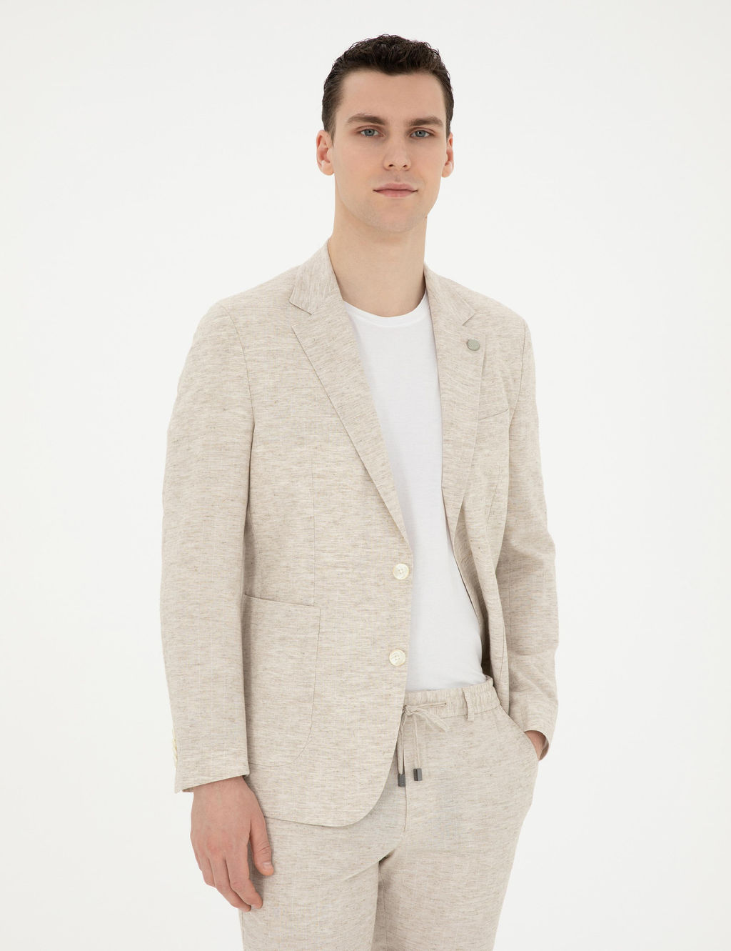 Bej Slim Fit Keten Kar___ml_ _izgili Tak_m Elbise