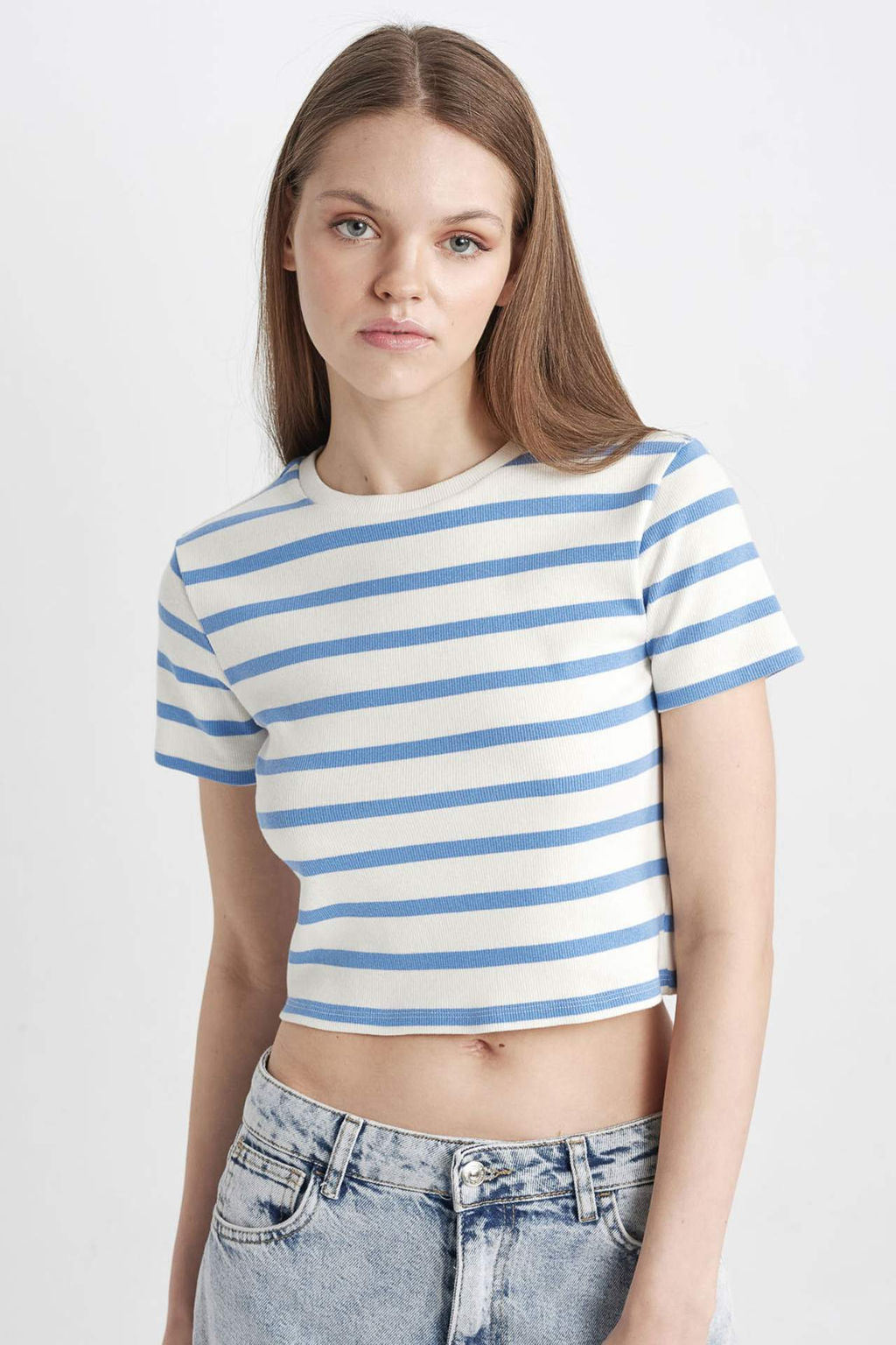 Coool Fitted Crop Cizgili Ribana K?sa Kollu Tisort - Defacto фото 2