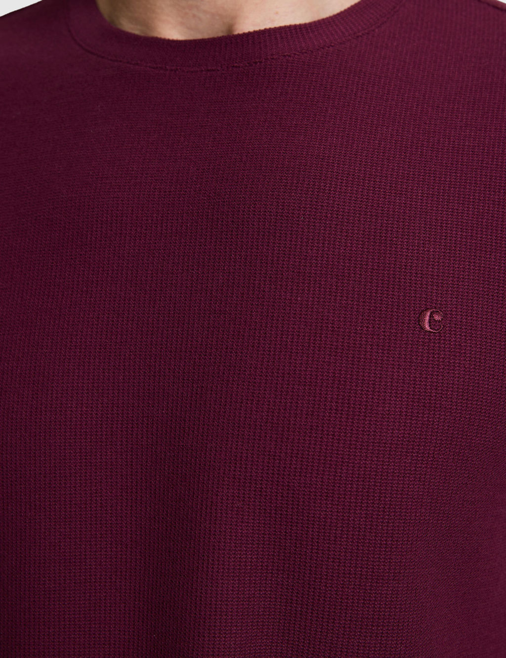 Bordo Slim Fit Saf Pamuk _nce Fitilli Bisiklet Yaka T-shirt