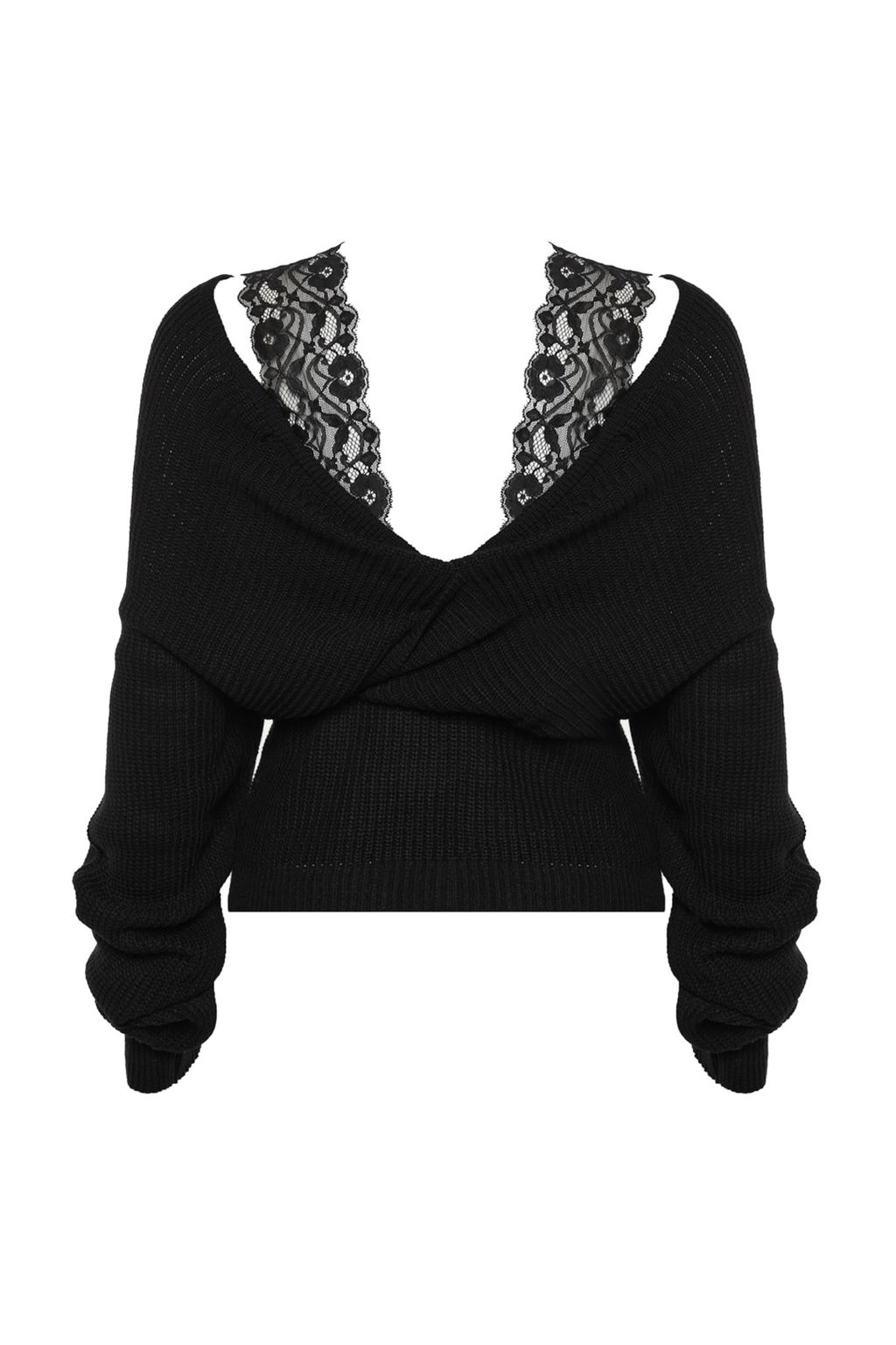 Siyah Kruvaze Dantel Garnili Triko Kazak TWOAW22KZ0522 - Trendyolmilla фото 8